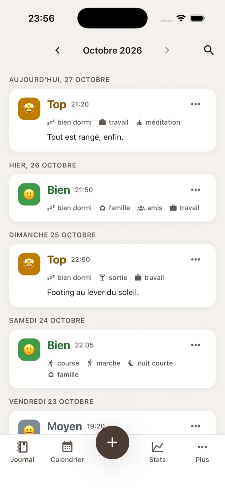 L'écran Journal de Moodstone : une carte par jour, avec l'humeur, les activités et une note.