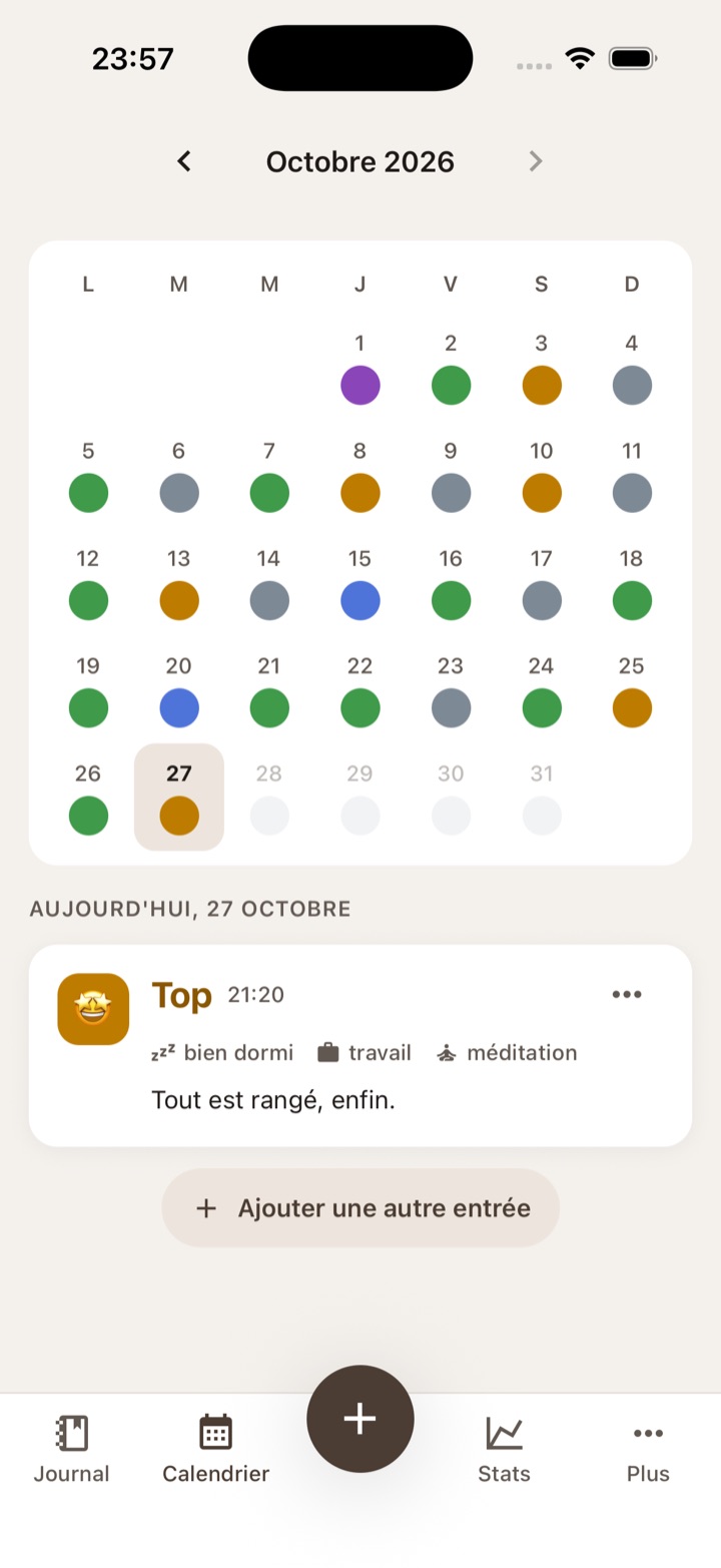 Le calendrier du mois, chaque jour coloré selon l'humeur.