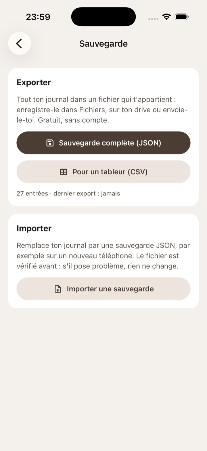 L'écran Sauvegarde : export complet en JSON, export CSV et import d'une sauvegarde.