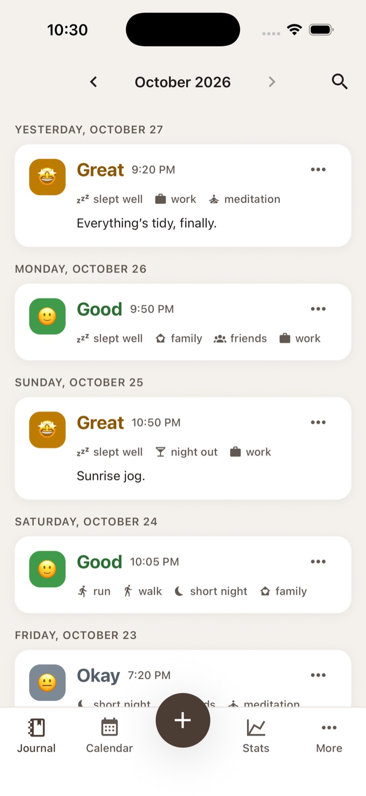 The Moodstone journal: one card per day with the mood, the activities and a note.