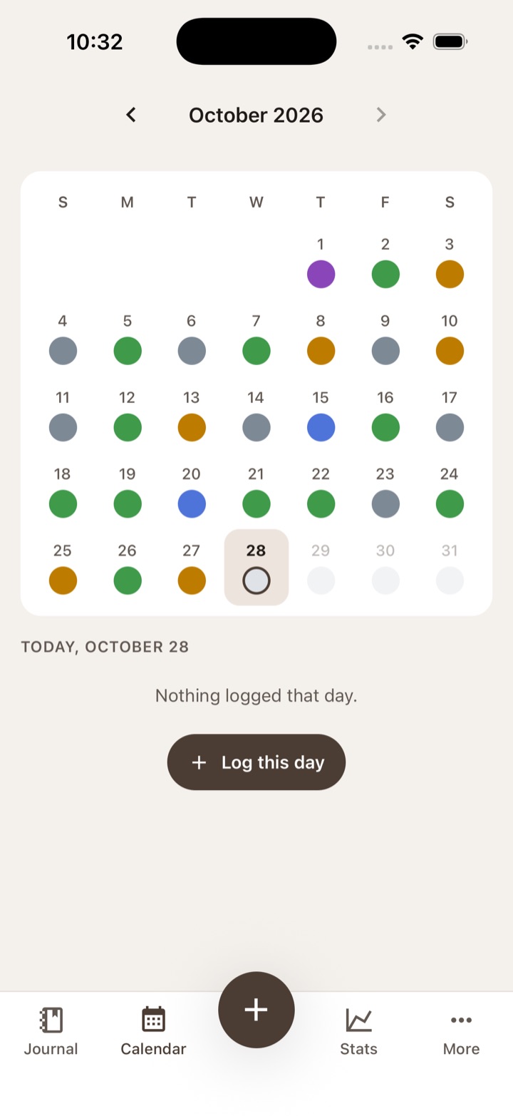 The monthly calendar, each day colored by mood.