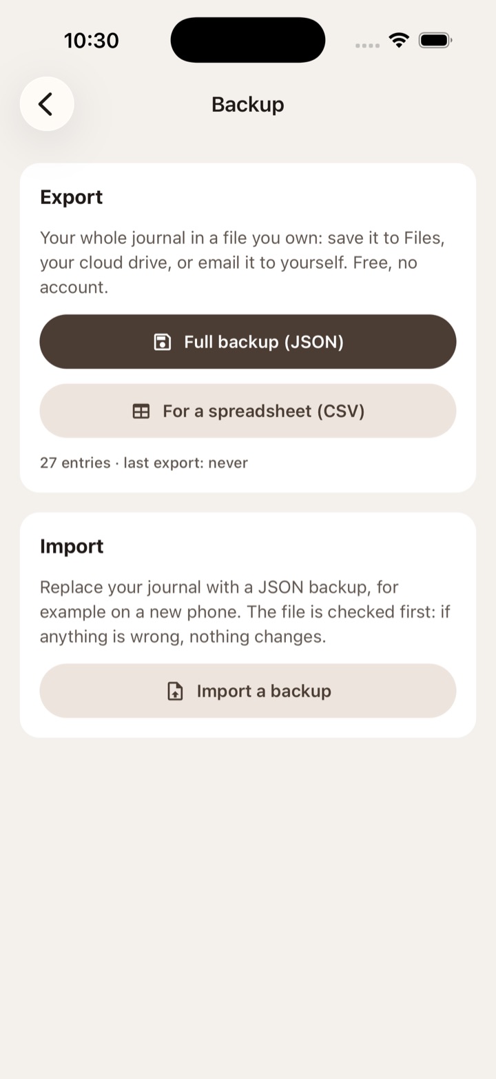 The Backup screen: full JSON backup, CSV export and backup import.